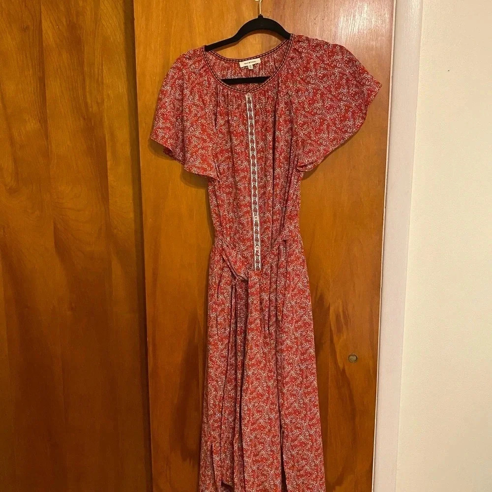 Max Studio Red Ditsy Floral Maxie Dress With Side Slits, Women Size M